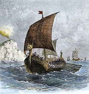 Viking ships Collection: Viking: The Danish drakkar ' Raven' with oars and sails. Engraving