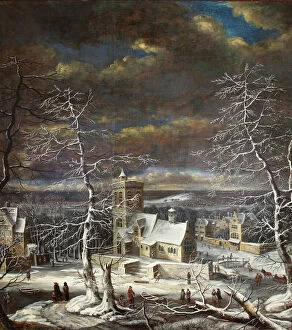 Landscape paintings Jigsaw Puzzle Collection: A village in winter in an extensive landscape with figures on the ice (oil on canvas)