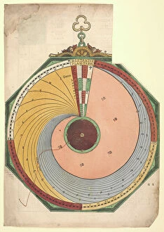 Greenwich Fine Art Print Collection: Volvelle showing the planetary aspects without the Moon, 1540 (hand-coloured engraving)