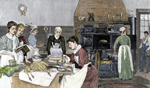 Housewife Collection: Women preparing Thanksgiving dinner in a gigantic kitchen, USA, circa 1890