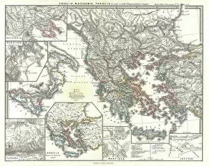 Greece Framed Print Collection: 1865, Spruner Map of Greece, Macedonia and Thrace before the Peloponnesian War. topography