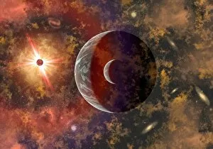 Glow Collection: An alien planet and its moon in orbit around a red giant star