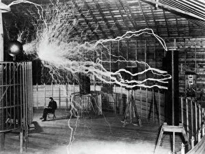 Danger Collection: Bolts of electricity discharging in the lab of Nikola Tesla