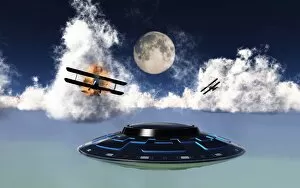 Sci-Fi Mouse Mat Collection: DH 82 Tiger Moth biplanes attack a flying saucer