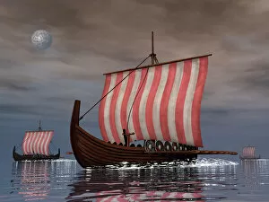 Viking Ship Collection: Drekar Viking ships navigating the ocean at night
