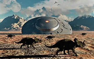 Horned Collection: A herd of dinosaurs walk past a flying saucer lodged into the ground