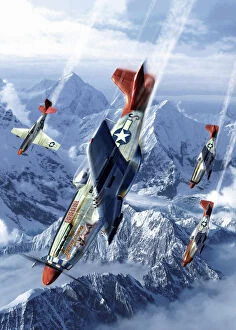 Geography Collection: Tuskegee airmen flying near the Alps in their P-51 Mustangs