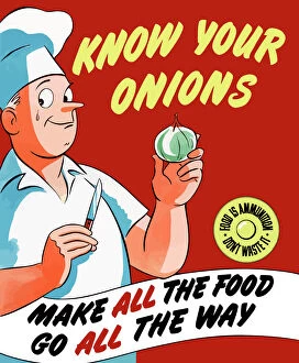 Advertisement Collection: Vintage World War II poster of a chef holding an onion with a tear in his eye