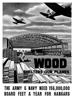 Construction Frame Collection: World War II poster of an aircraft hangar being built as planes fly overhead