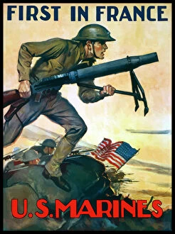 American Flags Collection: World War One poster of Marines charging into battle behind the American flag