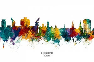 City Skyline Watercolours Fine Art Print Collection: Auburn Alabama Skyline