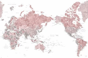 Maps Fine Art Print Collection: Pacific centered world map in dusty pink