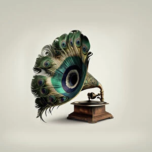 Colorful artwork Cushion Collection: Peacock Gramaphone