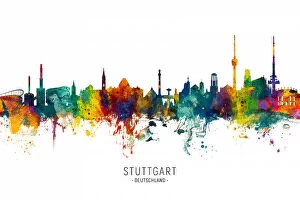 City Skyline Watercolours Fine Art Print Collection: Stuttgart Germany Skyline