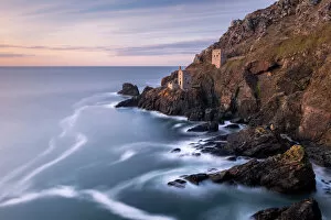 Nature art Photographic Print Collection: The Crowns Engine Houses at Botallack, high tide at sunset, West Cornwall, UK