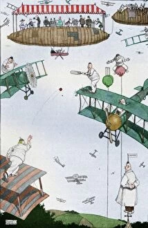 Related Images Cushion Collection: An Aerial Cricket Match of the Future, c1918 (1919). Artist: W Heath Robinson