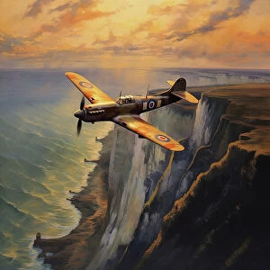 Aeroplanes Metal Print Collection: AI IMAGE - Spitfire aircraft flying over the White Cliffs of Dover, 1940s, (2023)