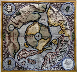 Gerardus Mercator's Cartographic Legacy Photo Mug Collection: Atlas of Gerardus Mercator, 1595, map of the Arctic to the North Pole and surrounding