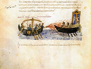 Rurik Collection: Greek fire. Miniature from the Madrid Skylitzes, 11th-12th century. Artist: Anonymous