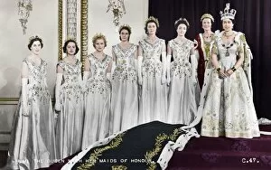 Buckingham Palace Fine Art Print Collection: HM Queen Elizabeth II with her Maids of Honour, The Coronation, 2nd June 1953. Artist: Cecil Beaton