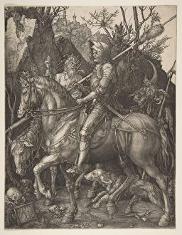 Animal illustrations Pillow Collection: Knight, Death and the Devil, 1513. Creator: Albrecht Durer