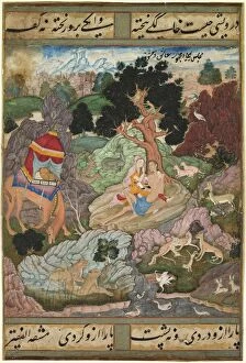 Authors Collection: Layla and Majnun in the wilderness with animals, from a Khamsa (Quintet)... c. 1590-1600