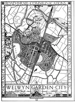 Maps Premium Framed Print Collection: Map of Welwyn Garden City, Hertfordshire, England, 1926