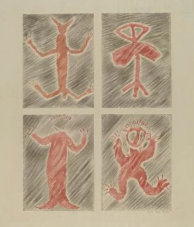 Native American artifacts Metal Print Collection: Petroglyph Design, 1935/1942. Creator: Lala Eve Rivol