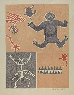 Native American artifacts Metal Print Collection: Petroglyph - Human Figures, 1935/1942. Creator: Lala Eve Rivol