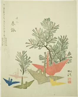Origami Collection: Pine Branches and Paper Cranes, c. 1821. Creator: Niwa Tokei