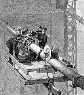 Related Images Collection: Putting wire wrapping around the suspension cables, Brooklyn Suspension Bridge, 1883