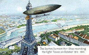 Eiffel Tower Collection: The Santos Dumont Air-ship rounding the Eiffel Tower, on October 19th 1901, (c1910)