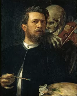 B Collection: Self-portrait with Death Playing the Fiddle, 1872. Artist: Bocklin, Arnold (1827-1901)