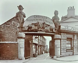 Figurehead Collection: Ships figureheads over the gate at Castles Shipbreaking Yard, Westminster, London, 1909