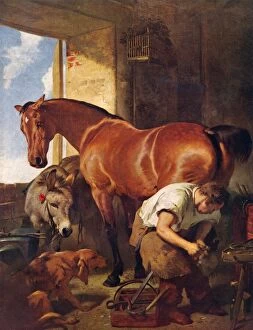 Portrait paintings Pillow Collection: Shoeing, 1844, (1938). Artist: Edwin Henry Landseer