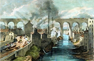 Industrial Town Collection: Train crossing Stockport viaduct on the London & North Western Railway, c1845