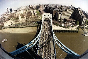 London Marathon Poster Print Collection: An aerial view from Tower Bridge of the 1996 London Marathon