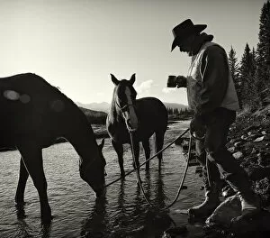 Typically Canadian Collection: Cowboy Having His Morning Coffee At The Edge Of A River With His Horses, Ya-Ha-Tinda Ranch