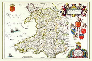 Willem Janszoon Blaeu Greetings Card Collection: Old Map of Wales 1648 by Johan Blaeu from the Atlas Novus
