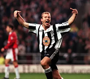 Celebrating Collection: Alan Shearer of Newcastle United celebrates as his team win 5-0 against Manchester United