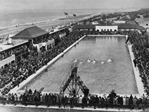 Art Deco Architecture Pillow Collection: Swimming Gala and races at the Derby Swimming Pool in Harrison Drive, Wallasey