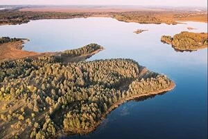 Belarus Photographic Print Collection: Braslaw District, Vitebsk Voblast, Belarus. Aerial View Of Ikazn Lake, Green Forest Landscape