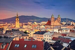 Austria Greetings Card Collection: Linz, Austria. Aerial cityscape image of Linz, Austria during sunset