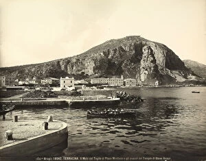 Landscape paintings Poster Print Collection: The wharf of Terracina with a view of the cliff of Pisco Montano and, on top